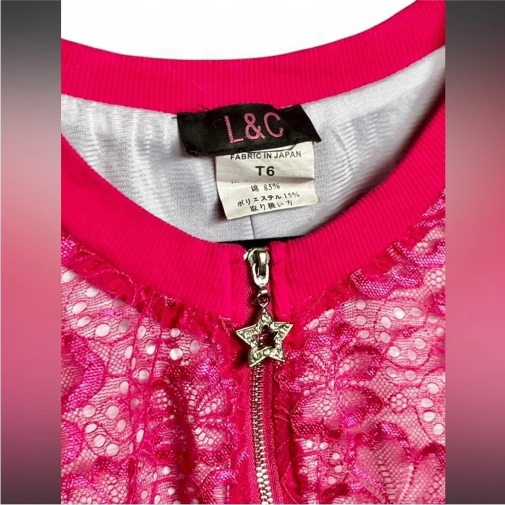 Hot Pink Y2K McBling Japanese Lace Zip-Front T-Shirt Cardigan - Picture 4 of 10